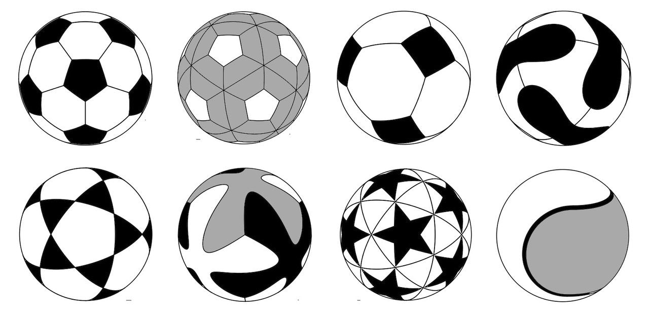 Ocho diseños de esferas dibujados en blanco, negro y gris